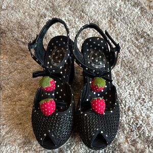 Black Polka Dot Wedge Sandals with Strawberry Accent